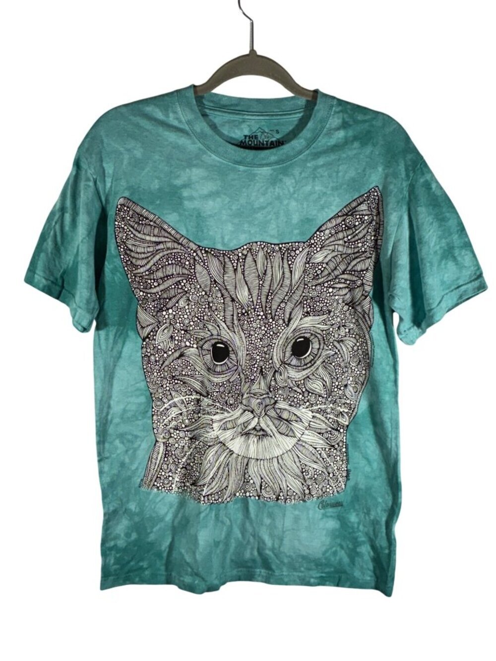 The Mountain Cat Face T-Shirt Tie-Dye Teal Small 100% Cotton USA NWT